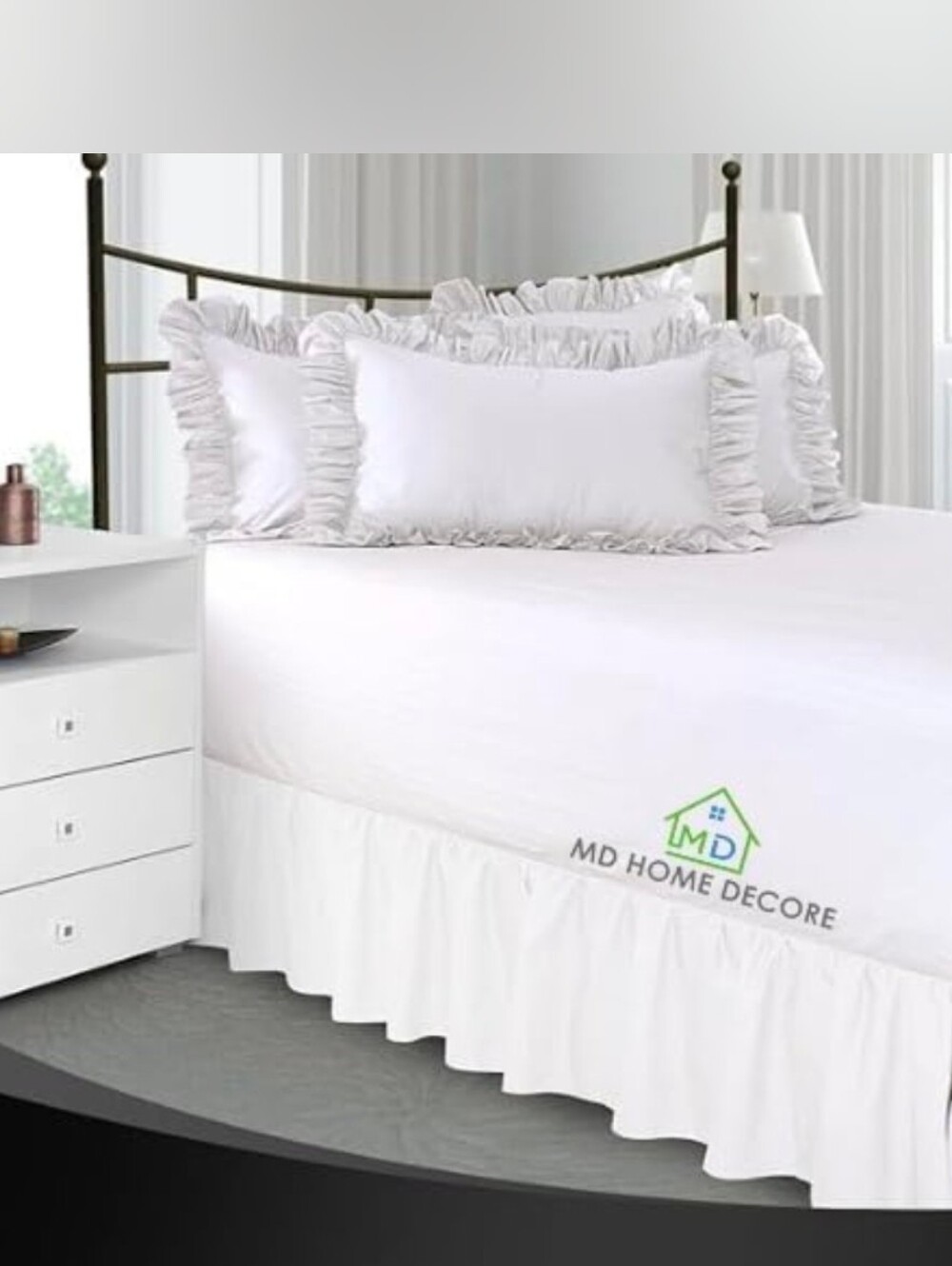 Ruffled Bed Skirt King Size, White, 15 Inch Drop with Split Corners